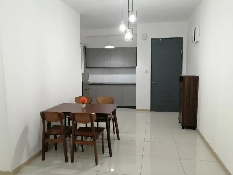 Dining features: 4-seater wooden dining table, 4 wooden dining chairs, white painted walls, glossy ceramic tile flooring, recessed downlights, grey cabinetry, stainless-steel fridge, kitchen countertop with backsplash, single-bowl stainless-steel sink, chrome pull-down faucet, wall-mounted air conditioning unit, dark wood sideboard, pendant lighting; style: modern.