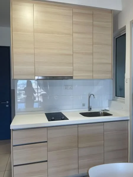Kitchen features: light wood cabinetry, white countertop, stainless-steel sink, chrome pull-down faucet, built-in cooktop, white tiled backsplash, under-cabinet lighting, floor tiles, window with view, kitchen island, open shelving; style: modern; view: city.
