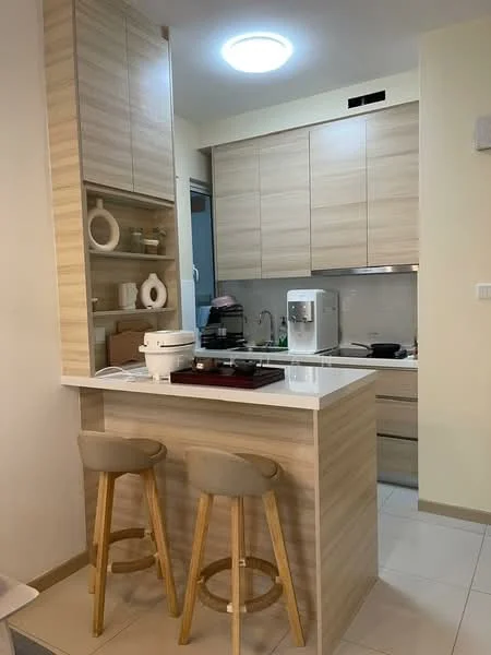 Kitchen features: light wood cabinetry, white countertop, stainless-steel fridge, built-in oven, ceramic cooktop, single-bowl stainless-steel sink, chrome pull-down faucet, open shelving, bar stools, recessed ceiling light, tile flooring, neutral wall color; style: modern.
