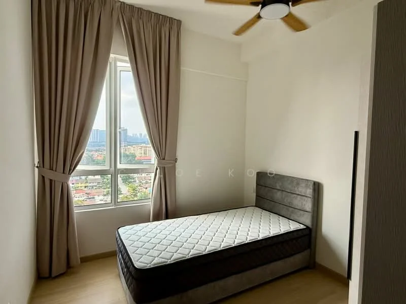 Bedroom features: single bed, upholstered headboard, floor-to-ceiling window, sheer curtains, wooden flooring, ceiling fan, decorative wall, city view; style: modern; view: city.