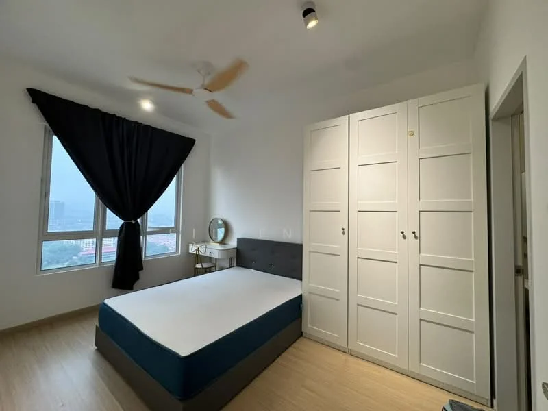 Bedroom features: queen-size bed with blue mattress, upholstered headboard, built-in wardrobe with white doors, wooden flooring, ceiling fan, floor-to-ceiling window, blackout curtains, side table with mirror; style: modern; view: city.