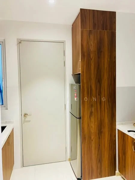 Kitchen features: white cabinetry, wooden cabinet with grain finish, stainless-steel fridge, single-bowl stainless-steel sink, countertop with backsplash, built-in oven, light-colored tile flooring, window for natural light; style: modern.