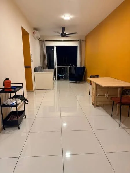 Living features: white painted walls, orange accent wall, glossy white tile flooring, 5-blade ceiling fan, floor-to-ceiling windows, curtains, dining table with chairs, black armchair, side table, wall-mounted air conditioning unit; style: modern; view: city.