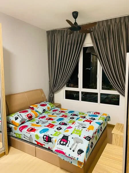 Bedroom features: king-size bed with colorful patterned bedding, upholstered headboard, wooden bedside tables, floor-to-ceiling windows, grey curtains, 5-blade ceiling fan, light wood flooring, built-in wardrobe with mirrored doors, decorative wall art; style: modern.