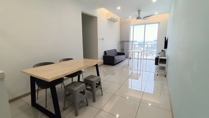 Living features: white painted walls, glossy ceramic tile flooring, 5-blade ceiling fan with light, floor-to-ceiling windows, grey fabric sofa, wood dining table, 4 grey dining chairs, TV console, wall-mounted TV, decorative wall clock; style: modern; view: city.