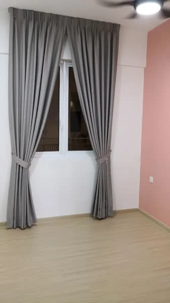Room features: light wood laminate flooring, white painted walls, pink accent wall, floor-to-ceiling window, grey curtains, ceiling fan with light; style: modern.