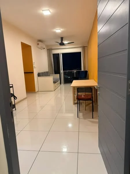 Living features: white painted walls, orange accent wall, glossy white tile flooring, 5-blade ceiling fan with light, sofa in grey, glass sliding door, dining table with black chair, balcony view, air conditioning unit; style: modern; view: city.