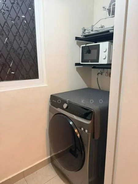 Laundry features: front-load washing machine, microwave, shelf above washing machine, light-colored walls, tile flooring, window with patterned glass.