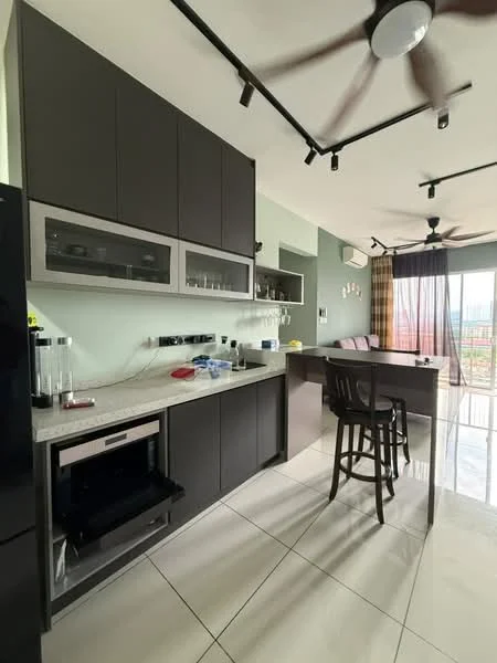 Kitchen features: dark cabinetry, white quartz countertop, built-in oven, stainless-steel fridge, glass-front upper cabinets, bar counter with stools, pendant light fixtures, wall-mounted split AC, ceramic tile flooring, floor-to-ceiling windows, sliding glass door, sheer curtains; style: modern; view: city.
