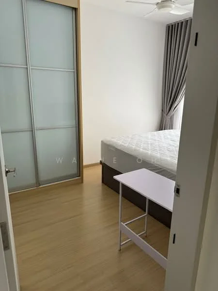 Bedroom features: queen-size bed, wooden bed frame, built-in wardrobe with sliding doors, light wood flooring, ceiling fan, floor-to-ceiling window with sheer curtains, decorative wall paneling, small side table; style: modern.