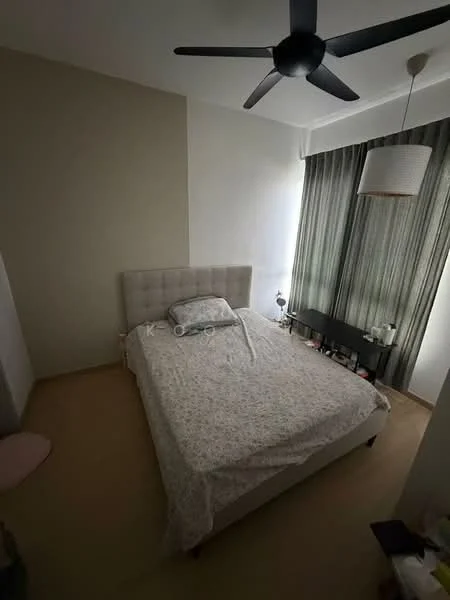 Bedroom features: queen-size bed with upholstered headboard, bedside lamp, wall-mounted table, floor-to-ceiling window with sheer curtains, light grey painted walls, wooden flooring, ceiling fan with light, decorative pendant light; style: modern.