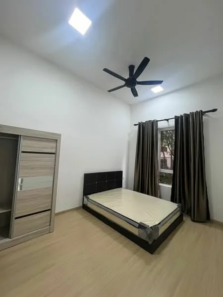 Bedroom features: queen-size bed, black upholstered headboard, wooden flooring, 5-blade ceiling fan with light, floor-to-ceiling window, sheer curtains, built-in wardrobe with sliding doors, neutral painted walls, recessed ceiling lights; style: modern; view: garden.