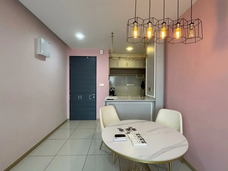 Dining features: round dining table with marble top, 4 upholstered dining chairs, pendant lighting with exposed bulbs, grey accent wall, white tiled flooring, wall-mounted air conditioning unit, open kitchen area, kitchen countertop with bar seating; style: modern.