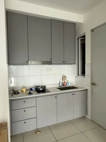 Kitchen features: grey cabinetry, white tiled backsplash, stainless-steel sink, single-bowl sink, chrome faucet, built-in stove, countertop with storage drawers, floor tiles, window above sink, kitchen utensils on countertop; style: modern.