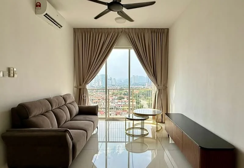 Living features: 3-seater fabric sofa in grey, round coffee table with gold base, TV console in dark wood, floor-to-ceiling windows, sheer curtains, recessed downlights, 1 wall-mounted split AC, glossy tile flooring, city skyline view, ceiling fan; style: modern; view: city.