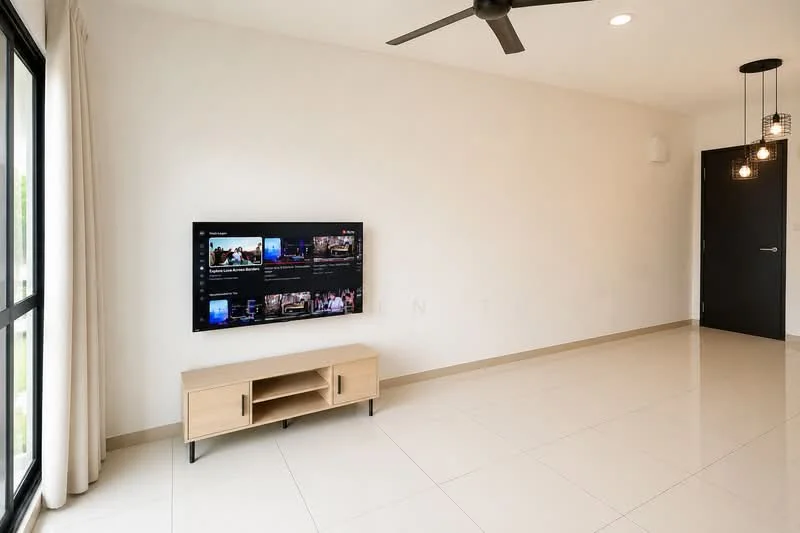 Living features: white painted walls, glossy tile flooring, 5-blade ceiling fan with light, wall-mounted TV, wooden TV console, large windows with sheer curtains, recessed lighting, pendant light fixture; style: modern.