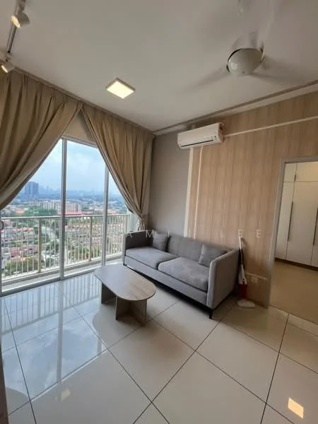 Living features: grey fabric sofa, coffee table, floor-to-ceiling windows, curtains, wall-mounted air conditioning unit, recessed ceiling lights, white painted walls, glossy tile flooring; style: modern; view: city.