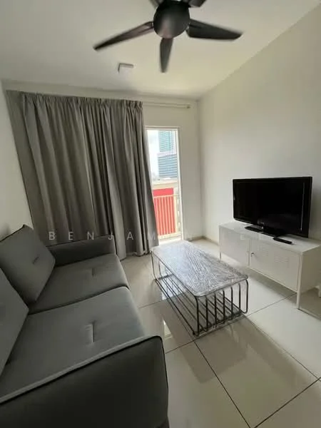Living features: 3-seater fabric sofa in grey, coffee table with glass top, wall-mounted TV, white TV console, floor-to-ceiling window, grey curtains, white tiled flooring, ceiling fan; style: modern.