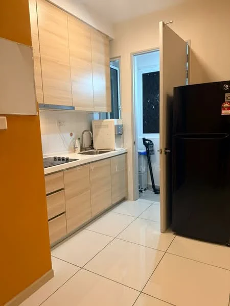 Kitchen features: light wood cabinetry, white tiled backsplash, black refrigerator, built-in gas stove, single-bowl stainless-steel sink, chrome pull-down faucet, white walls, glossy white tile flooring, window with security grill, countertop space, kitchen door, appliance storage area; style: modern.