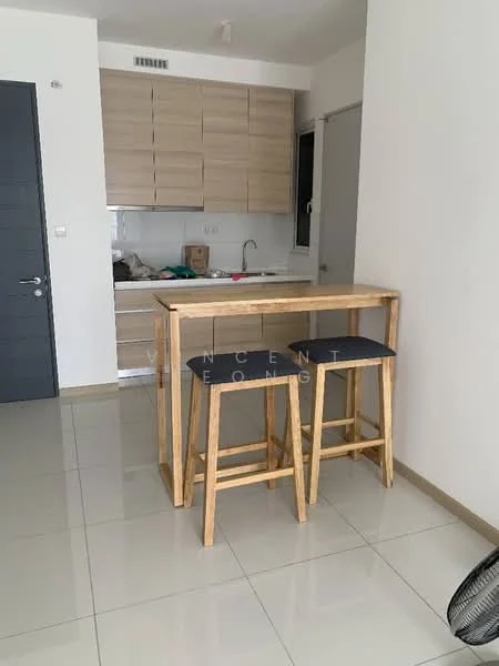 Kitchen features: light wood cabinetry, white countertop, single-bowl stainless-steel sink, chrome pull-down faucet, stool seating at breakfast bar, tile flooring, recessed downlights, open layout, kitchen appliances visible, neutral wall color; style: modern.