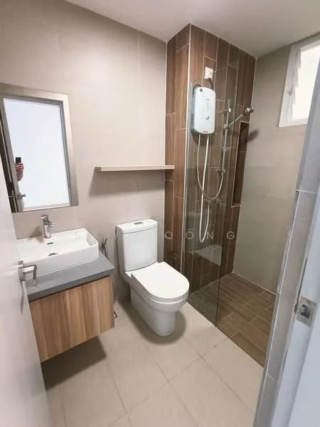 Bathroom features: single-sink vanity with wood cabinet, chrome basin mixer, framed mirror, one-piece toilet, walk-in shower with glass enclosure, rain shower head, tile cladding on walls, ceramic tile flooring, shelf above vanity, shower control panel, window for natural light; style: modern.