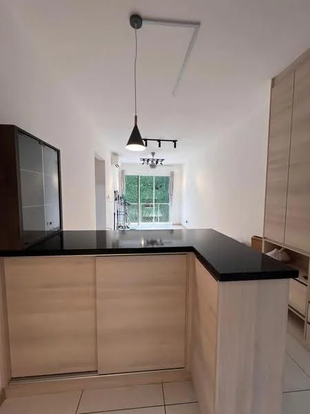 Kitchen features: black granite countertop, light wood cabinetry, pendant light fixture, recessed ceiling lights, open layout, tile flooring, sliding glass door, view of outdoor space; style: modern; view: garden.