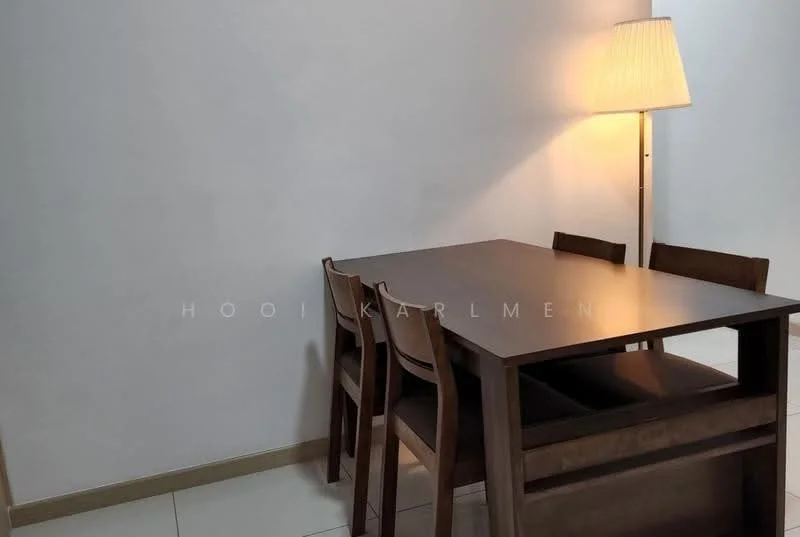 Dining features: wooden dining table, 4 dining chairs, table with a smooth surface, lampshade floor lamp, white painted walls, tile flooring; style: modern.