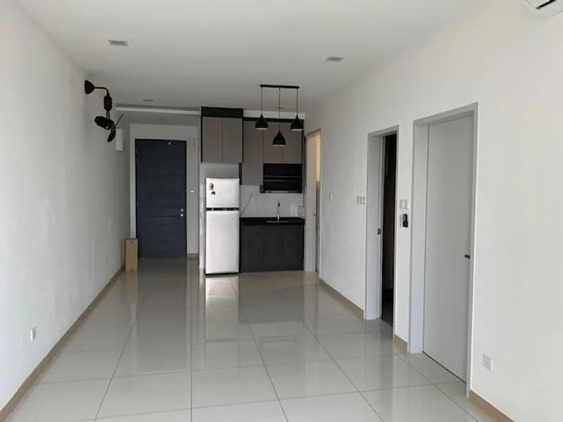 Living features: white painted walls, glossy tile flooring, recessed downlights, 1 wall-mounted split AC, open kitchen layout, kitchen island, stainless-steel fridge, built-in oven, black cabinetry, black countertop, pendant lighting, doorway to hallway, doorway to bedroom, doorway to bathroom; style: modern.