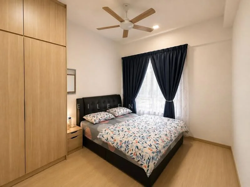 Bedroom features: queen-size bed with patterned bedding, upholstered headboard, wooden bedside table, built-in wardrobe with wooden finish, floor-to-ceiling window with sheer and blackout curtains, ceiling fan, laminate flooring, decorative mirror on wall; style: modern.
