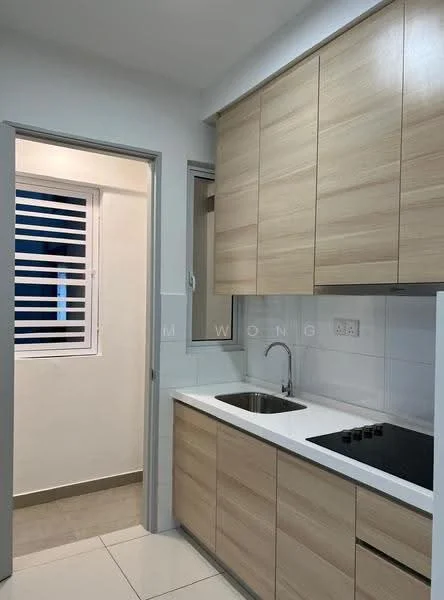 Kitchen features: light wood cabinetry, white countertop, single-bowl stainless-steel sink, chrome pull-down faucet, built-in cooktop, white tiled backsplash, ceramic tile flooring, window with horizontal slats; style: modern. Room features: grey walls, door leading to another room.