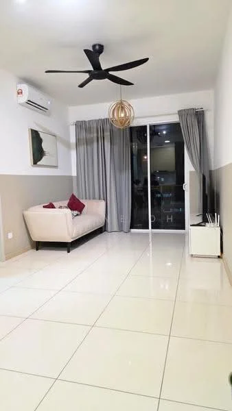 Living features: cream painted walls, grey accent wall, white tiled flooring, 5-blade ceiling fan with light, sofa in beige, decorative cushions in red, floor-to-ceiling sliding glass door, sheer curtains, TV console, wall-mounted TV, decorative pendant light; style: modern.