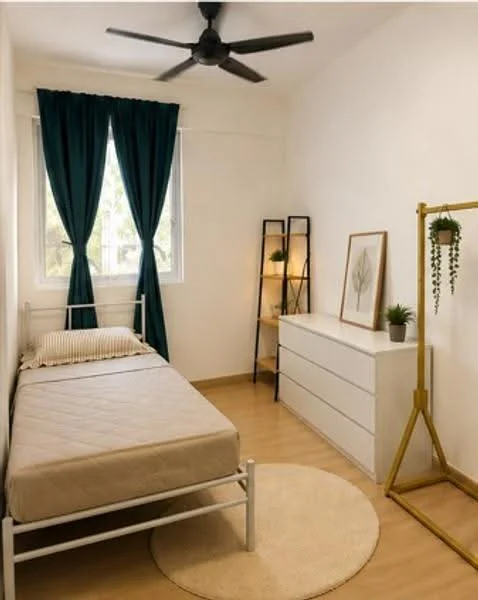 Bedroom features: single bed, white metal bed frame, beige mattress, green curtains, floor-to-ceiling window, light wood flooring, white dresser with drawers, decorative plant on dresser, framed artwork on wall, round area rug, wooden floor lamp, shelf unit with decorative items; style: minimalist; view: garden.