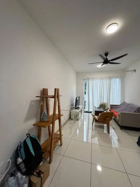 Living features: white painted walls, glossy ceramic tile flooring, 5-blade ceiling fan with light, sofa in beige, red fabric throw blanket on sofa, wooden ladder shelf, television on stand, floor-to-ceiling windows with sheer curtains, green outdoor view visible through windows, decorative plant on floor; style: modern; view: garden.