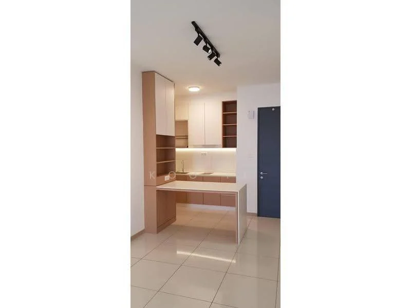 Kitchen features: white quartz countertop, light wood cabinetry, open shelving, built-in cabinets, recessed LED downlights, ceramic tile flooring, single-bowl stainless-steel sink, chrome pull-down faucet, neutral wall color, track lighting; style: modern.