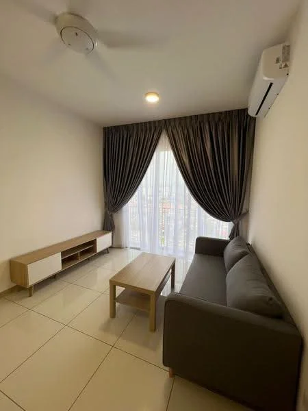 Living features: grey fabric sofa, wooden coffee table, TV console with open shelving, floor-to-ceiling windows, sheer curtains, dark grey curtains, recessed ceiling light, wall-mounted split AC, glossy tile flooring, neutral painted walls; style: modern; view: city.