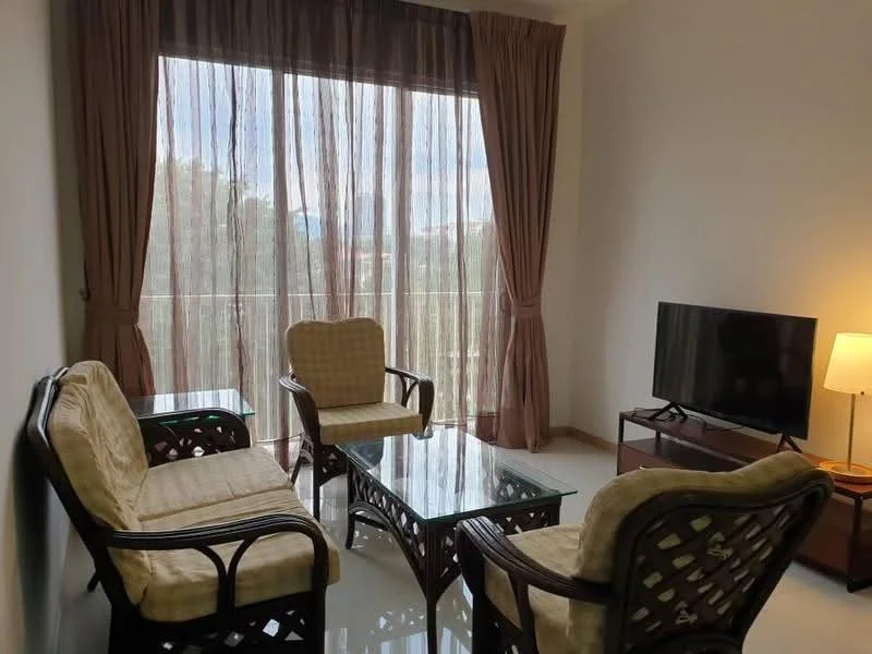 Living features: 3-seater glass coffee table, 2 armchairs with fabric upholstery, 2-seater sofa with fabric upholstery, floor-to-ceiling windows, sheer curtains, wooden TV console, wall-mounted TV, lampshade floor lamp, glossy tile flooring, neutral painted walls; style: modern; view: garden.