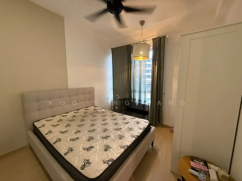 Bedroom features: queen-size bed, upholstered headboard, bedside table, table lamp, floor-to-ceiling window, curtains, ceiling fan, light fixture, wooden flooring, neutral painted walls; style: modern; view: city.