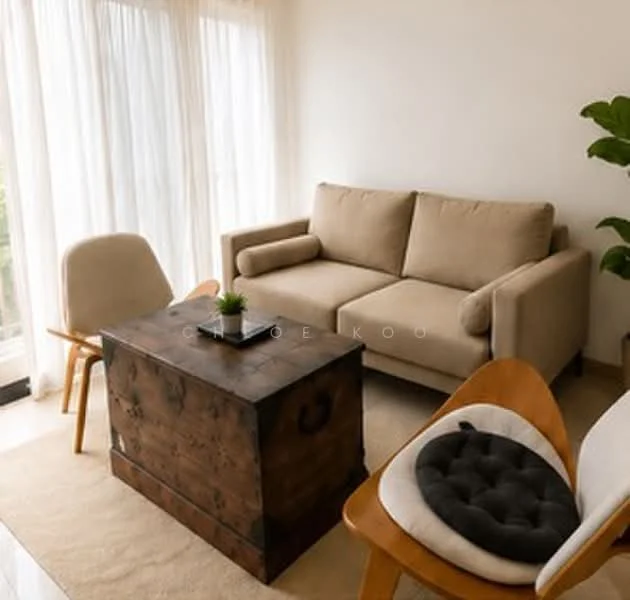 Living features: beige fabric sofa, wooden coffee table with storage, two accent chairs, area rug, floor-to-ceiling windows with sheer curtains, indoor plant, light-colored walls, neutral-toned flooring; style: modern; view: garden.