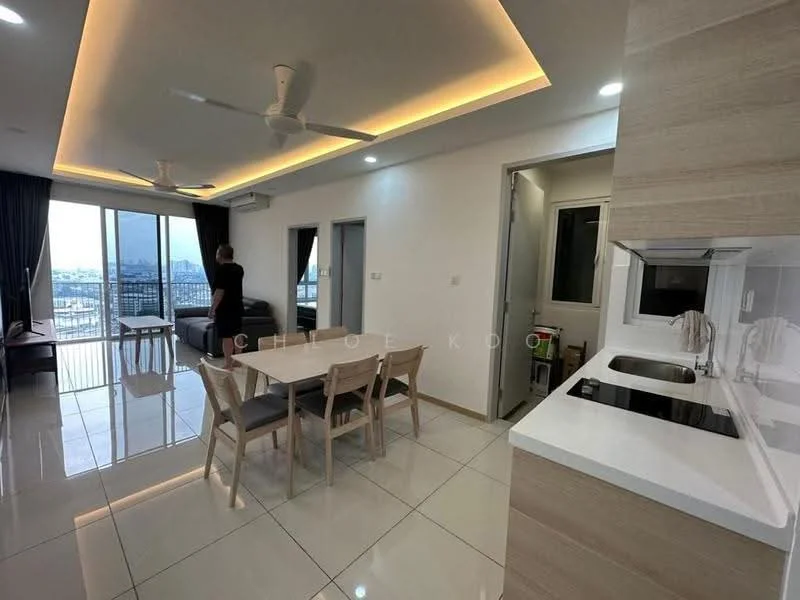 Living features: floor-to-ceiling windows, grey fabric sofa, dining table for 6, white walls, recessed downlights, marble tile flooring, sliding glass door, curtains, ceiling fan, open layout to kitchen, view of city skyline; style: modern; view: city. Kitchen features: white cabinetry, stainless-steel sink, chrome pull-down faucet, quartz countertop, built-in microwave, freestanding range oven, tile backsplash, open layout to living area; style: modern.