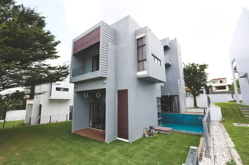 Exterior type: detached bungalow; features: grey painted facade, recessed balconies, flat roof, manicured lawn, swimming pool, stone-paved walkway, large windows, surrounded by greenery; style: modern.