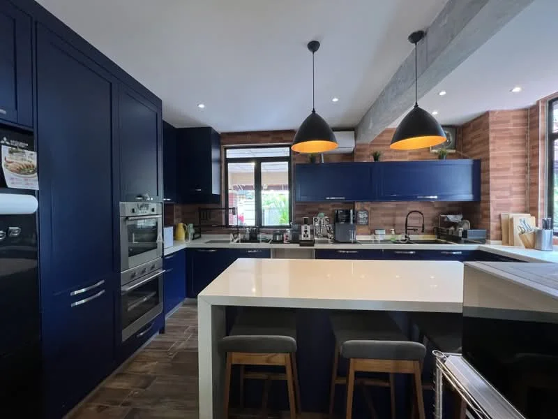 Kitchen features: navy blue cabinetry, white countertop, stainless-steel built-in oven, stainless-steel microwave, stainless-steel refrigerator, black gooseneck faucet, double-bowl stainless-steel sink, pendant lighting with black shades, wood panel accent wall, tile flooring, large windows for natural light, open shelving, kitchen island with seating for 2; style: modern; view: garden.
