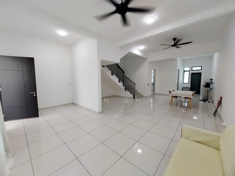 Living features: white painted walls, glossy ceramic tile flooring, 5-blade ceiling fan with light, 2 ceiling lights, large windows, open layout, neutral color scheme, sofa in cream color, dining table with chairs, staircase with black railing; style: modern.