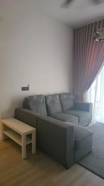 Living features: 3-seater fabric sofa in grey, light wood side table, floor-to-ceiling windows, sheer curtains, light wood flooring, decorative wall with no visible texture, ceiling fan, area rug; style: modern.