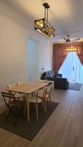 Living features: 3-seater fabric sofa in grey, wooden dining table with 4 chairs, pendant light fixture, 5-blade ceiling fan, floor-to-ceiling windows, sheer curtains, wood laminate flooring, area rug, decorative wall with light color, sliding glass door; style: modern.