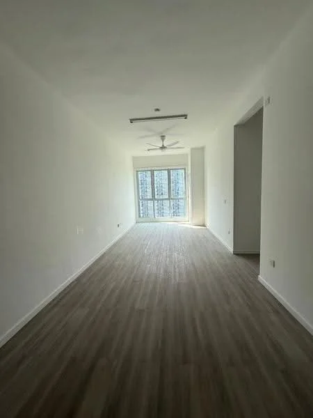 Room features: light wood laminate flooring, white painted walls, 5-blade ceiling fan with light, floor-to-ceiling windows, natural light from windows; style: modern; view: city.