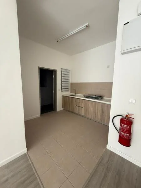 Kitchen features: single-bowl stainless-steel sink, chrome pull-down faucet, laminate countertop, wood cabinetry, tile backsplash, wall-mounted air conditioning unit, fire extinguisher, grey tiled flooring, white painted walls, recessed lighting; style: modern. Room features: grey tiled flooring, white painted walls.
