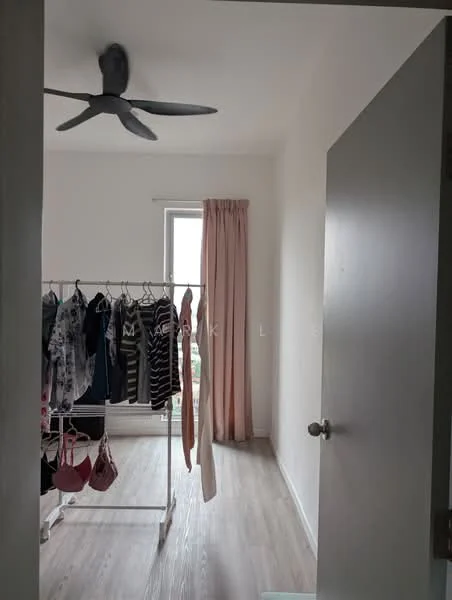 Room features: light wood flooring, white painted walls, ceiling fan, window with sheer curtains, clothes rack with hanging clothes, pink curtain, door, natural light; style: minimalist; view: garden.
