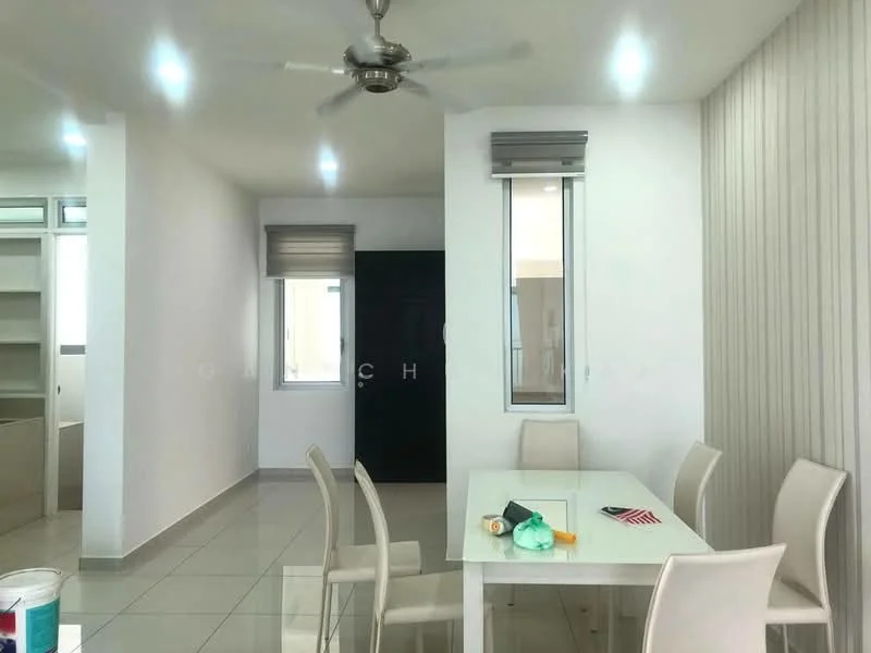Dining features: white dining table, 4 upholstered dining chairs, ceiling fan with light, white walls, grey tile flooring, window with roller blinds, decorative wall paneling, open layout to living area; style: modern. Room features: grey tile flooring, white walls, window with roller blinds, ceiling fan.