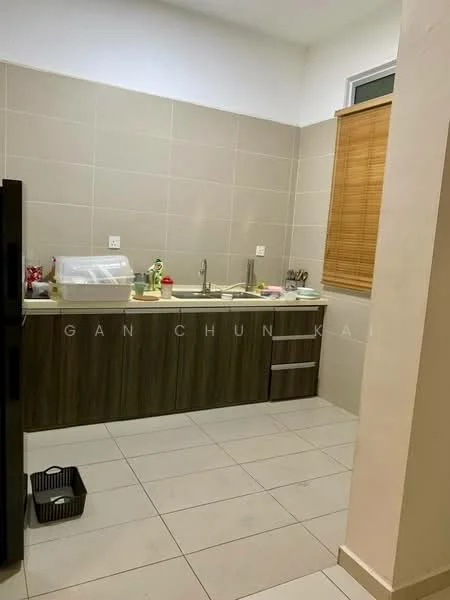 Kitchen features: laminate cabinetry in dark wood, white countertop, single-bowl stainless-steel sink, chrome pull-down faucet, ceramic tile flooring, wall-mounted cabinets, window with bamboo blinds, refrigerator, kitchen utensils on countertop, black waste basket; style: modern.