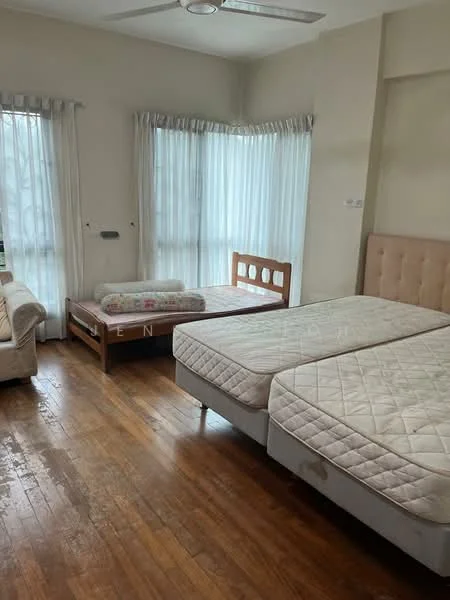 Bedroom features: two single beds with upholstered headboards, wooden bed frames, light-colored bedding, wooden flooring, floor-to-ceiling windows, sheer white curtains, ceiling fan, sofa in light fabric, wooden bench, decorative throw pillow.